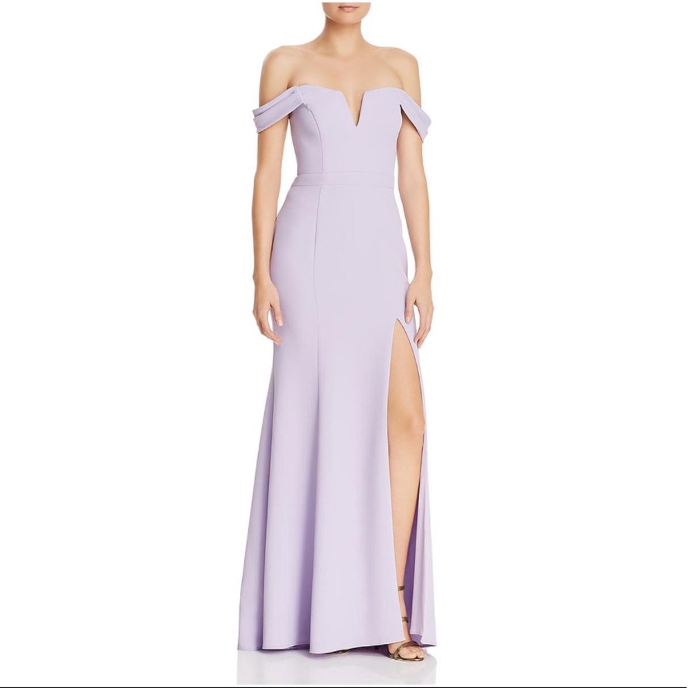 Avery G Lavender Crepe Off Shoulder Evening Gown